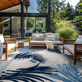 Rugshop Navy Lucca floral outdoor rug for deck, weather-resistant performance.