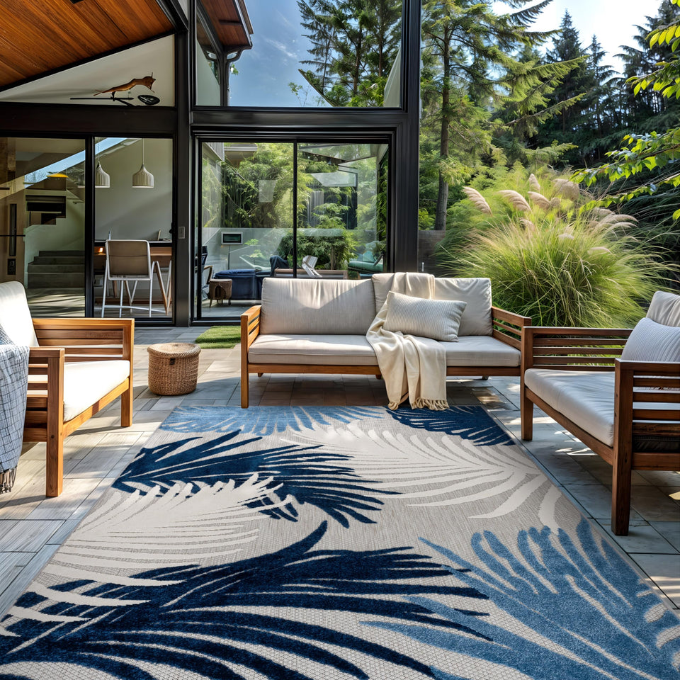Rugshop Navy Lucca floral outdoor rug for deck, weather-resistant performance.