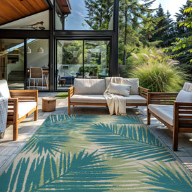 Rugshop polypropylene construction demonstrates durable outdoor performance in sun and rain