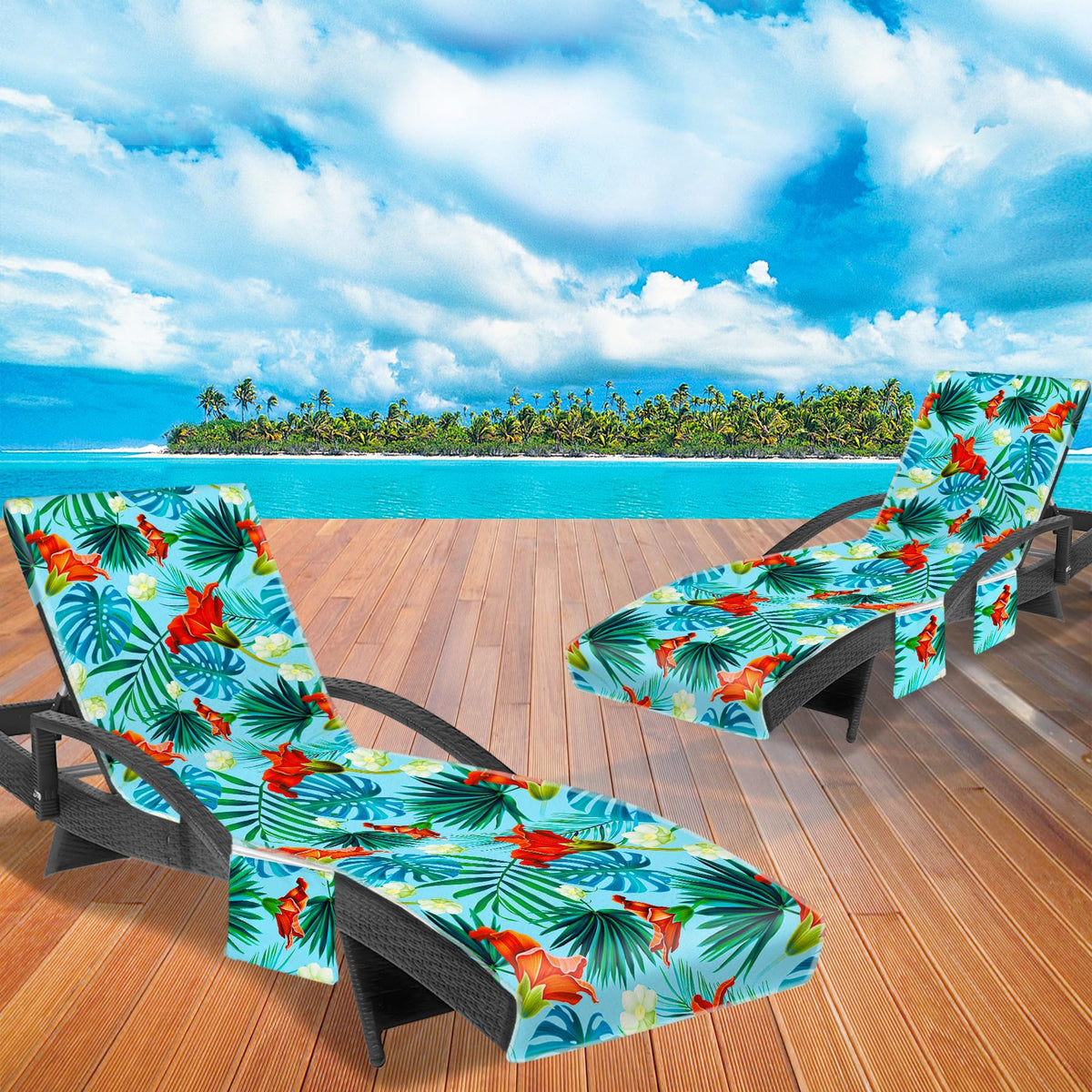Ruikyhom beach chair cover showing top and side pockets for belongings