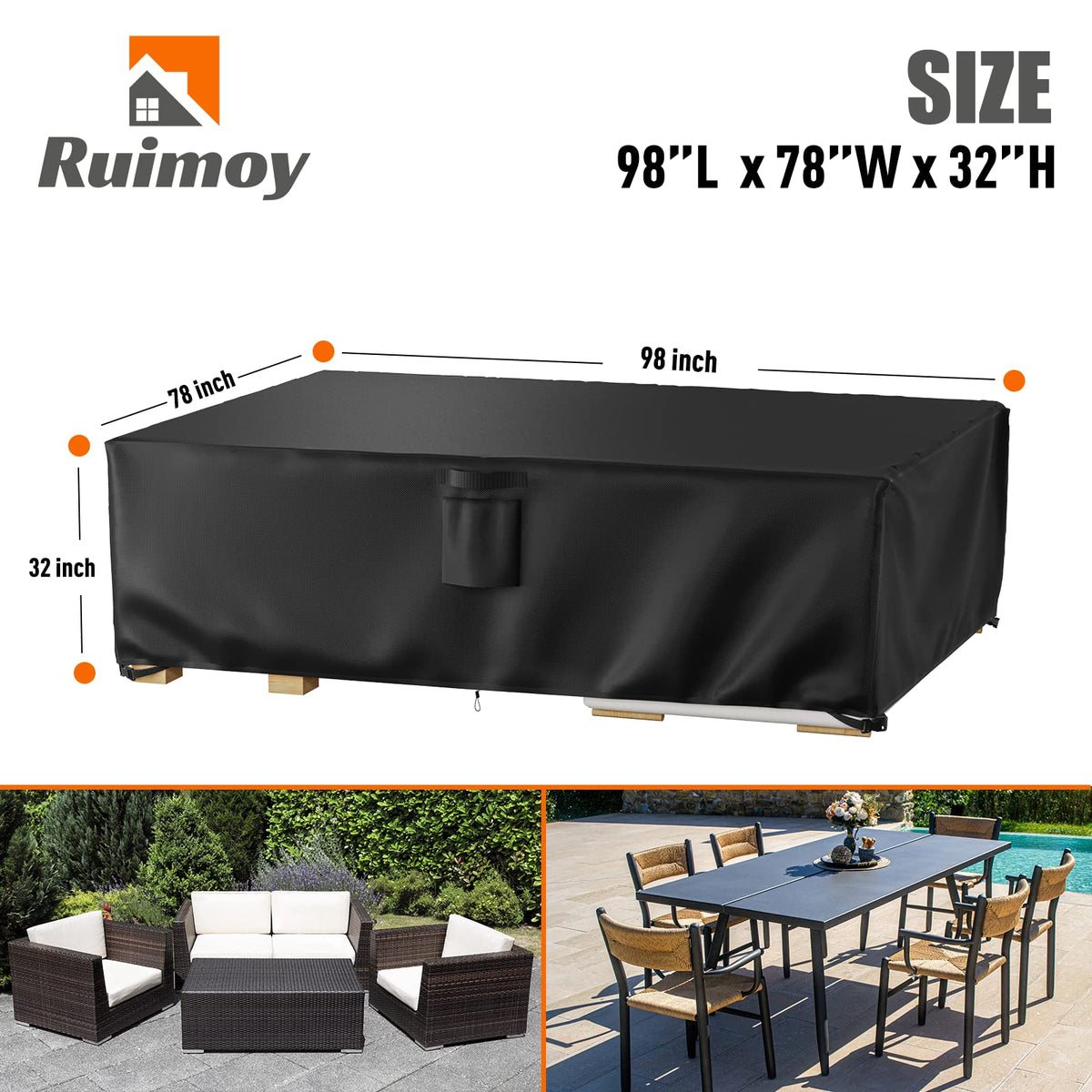 Ruimoy 600D waterproof cover keeps tables and chairs dry during storms.