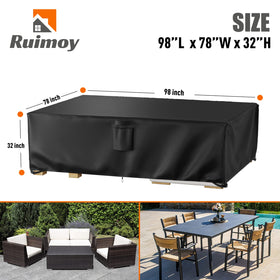 Ruimoy 600D waterproof cover keeps tables and chairs dry during storms.