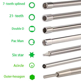 Close-up of 7- and 21-teeth splined tools showing compatibility range.