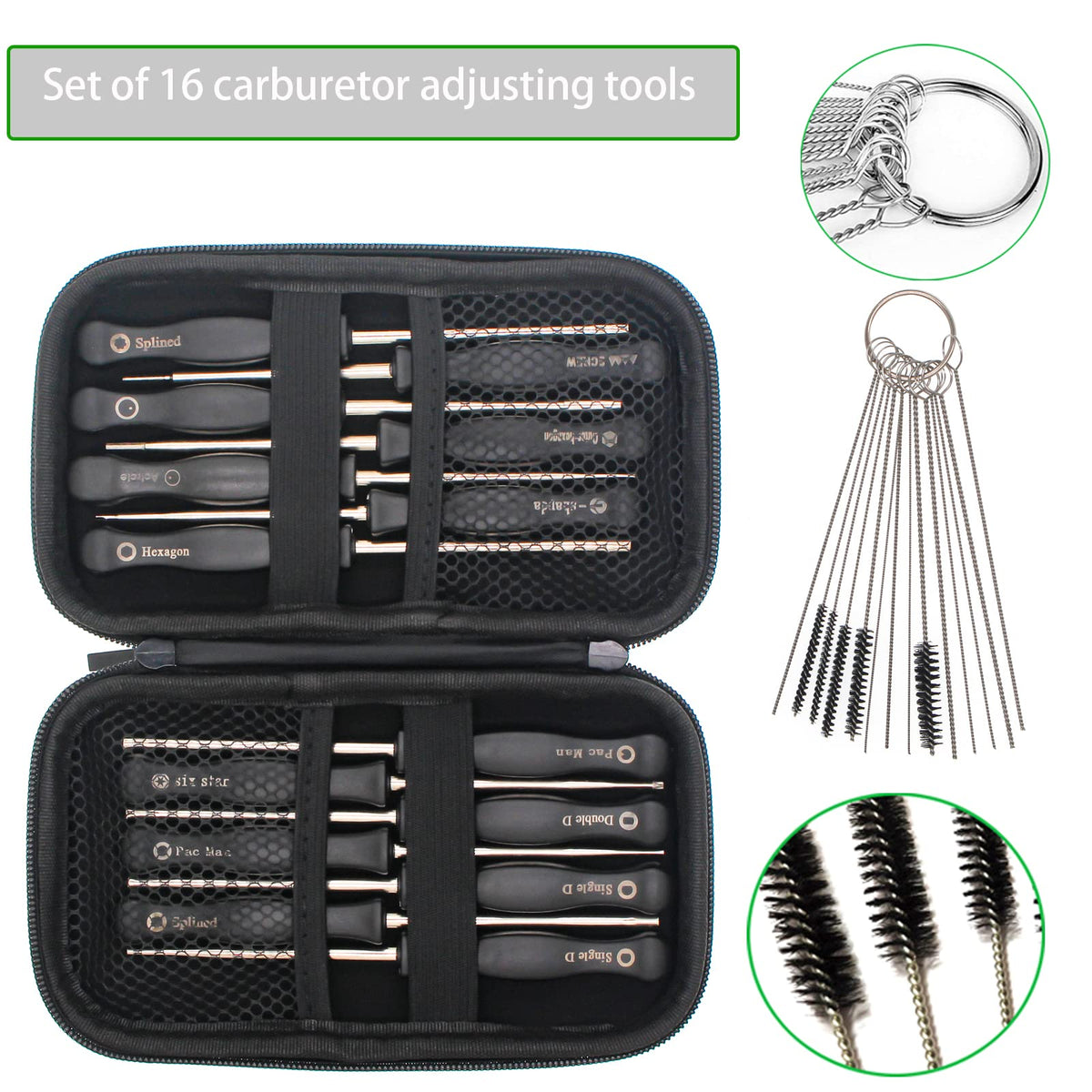 Double D and splined tools shown for matching 2-stroke carburetor fittings.