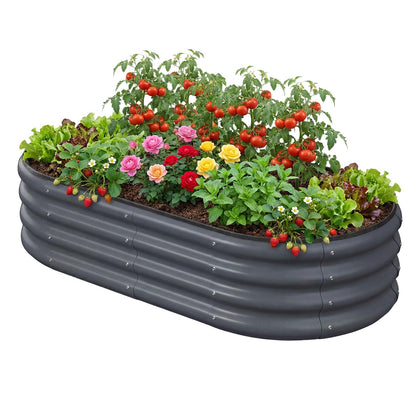 Rujkodvh oval metal raised garden bed in dark gray, ideal for vegetables in the backyard.