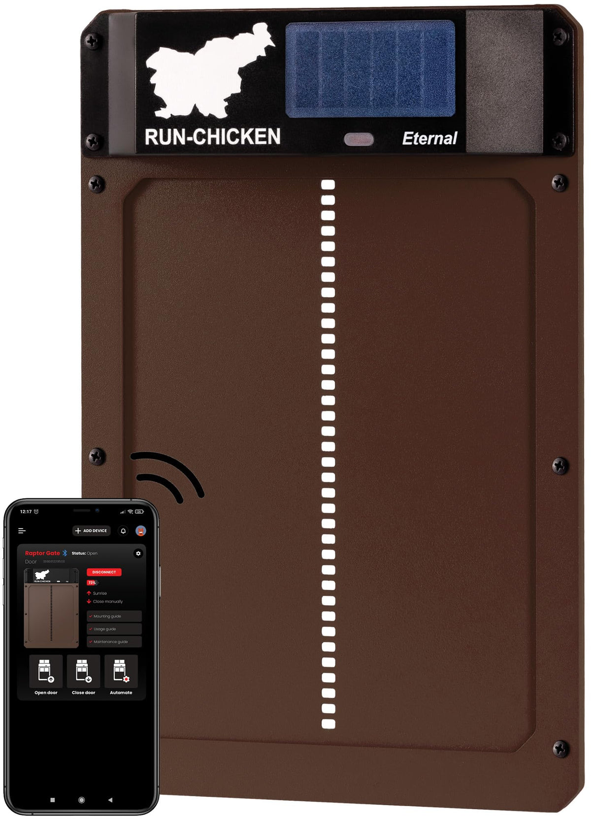 RUN-CHICKEN Door Eternal front view demonstrates easy installation on a secure coop.