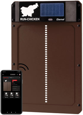 RUN-CHICKEN Door Eternal front view demonstrates easy installation on a secure coop.