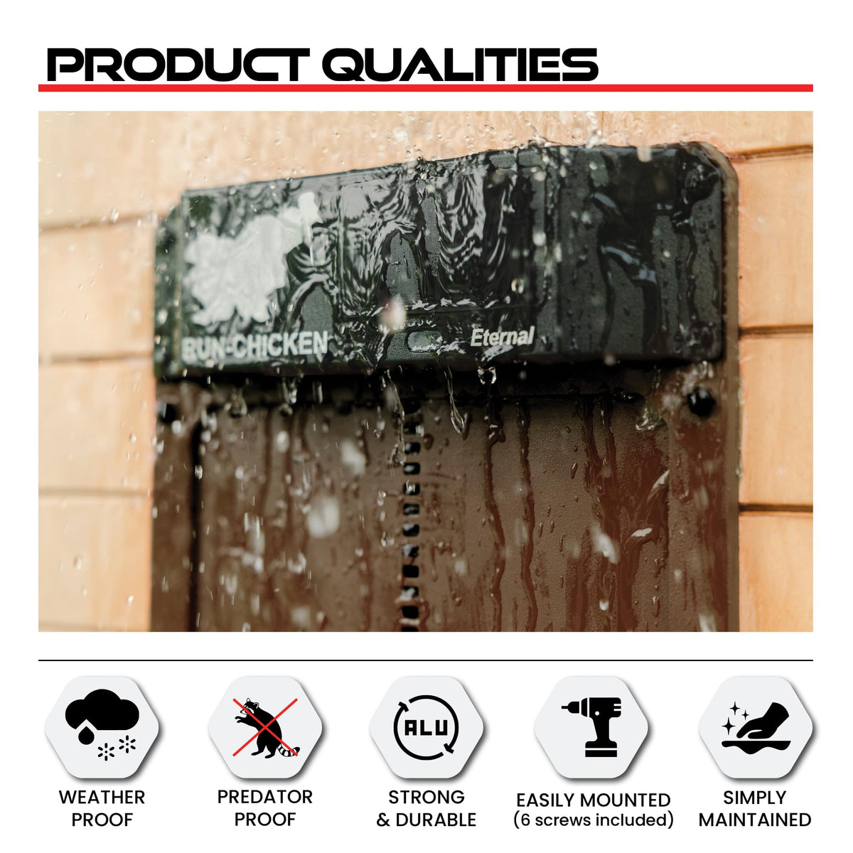 RUN-CHICKEN Door Eternal installed on a coop reinforces predator protection.
