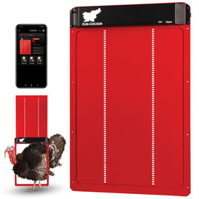 RUN-CHICKEN Door Giant front view shows sturdy aluminum construction for outdoor coops.