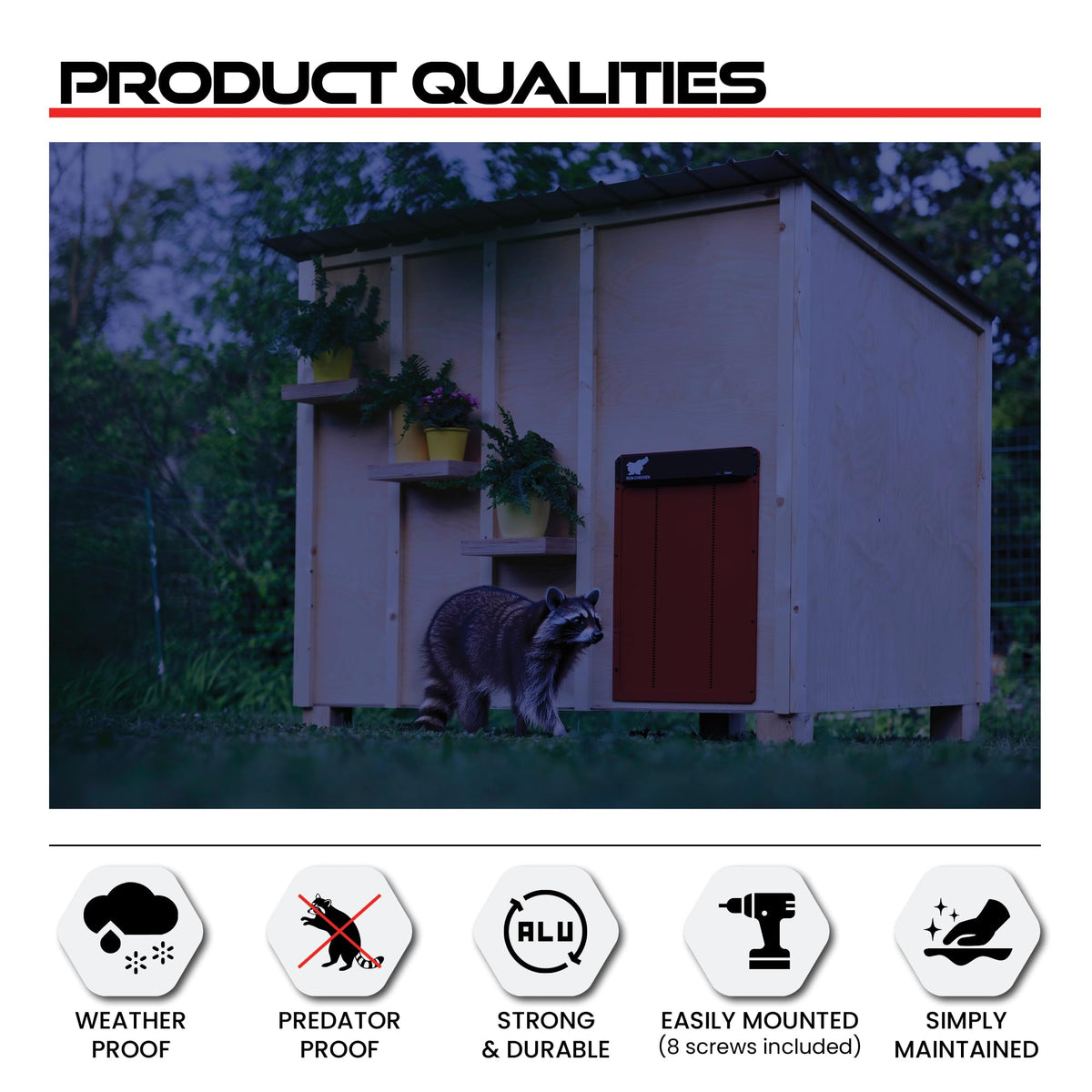 RUN-CHICKEN Door Giant side installation highlights quick eight-screw setup for larger runs.