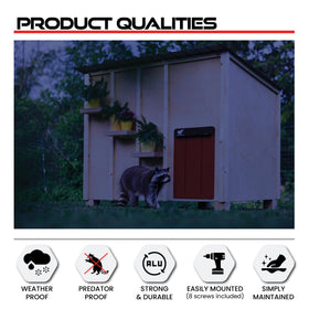 RUN-CHICKEN Door Giant side installation highlights quick eight-screw setup for larger runs.