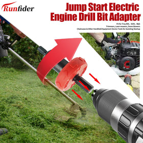 Runfider Jump Starter Drill Adapter in use on a trimmer demonstrates quick-start capability.
