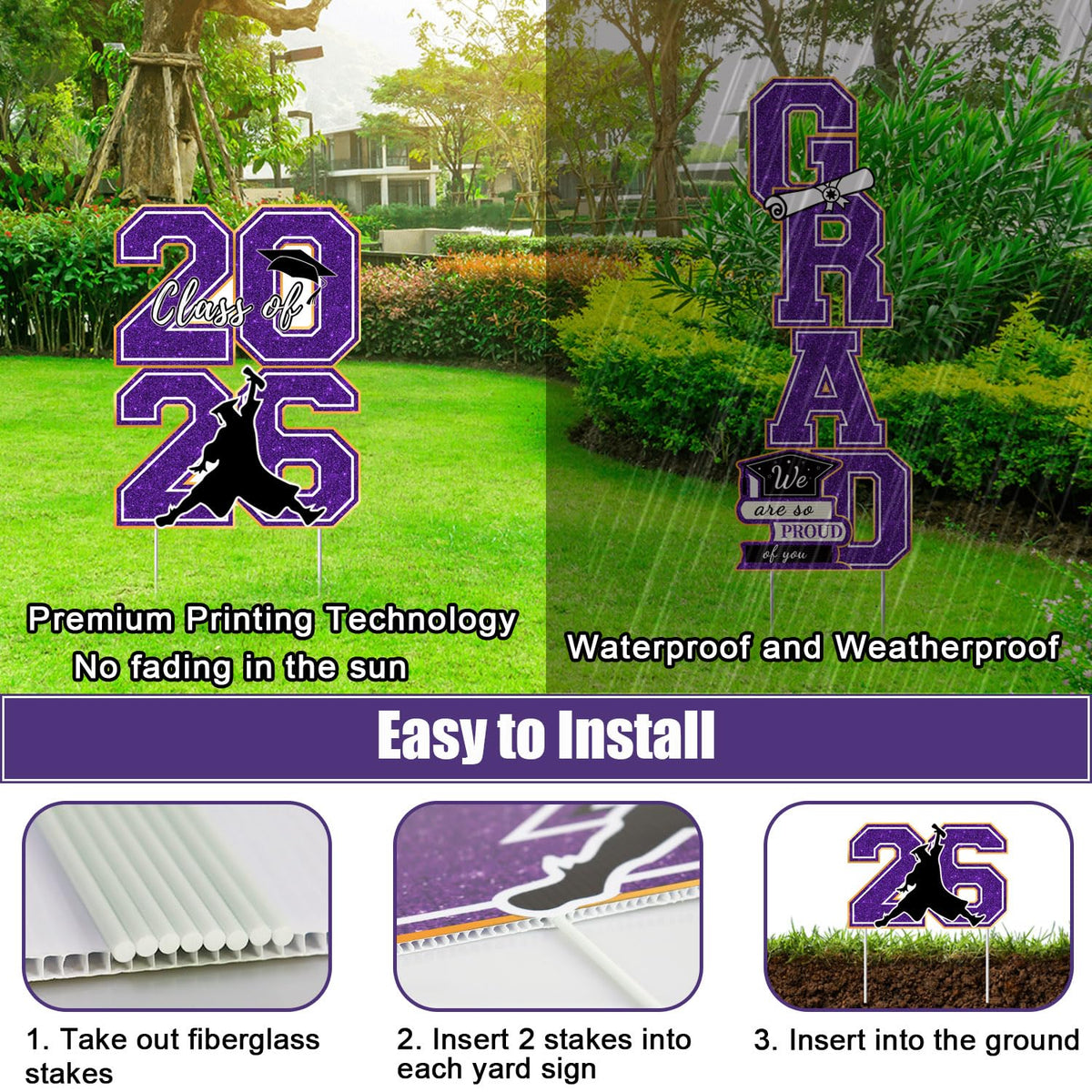 Runleo graduation sign AD block purple gold highlights key details for guests.