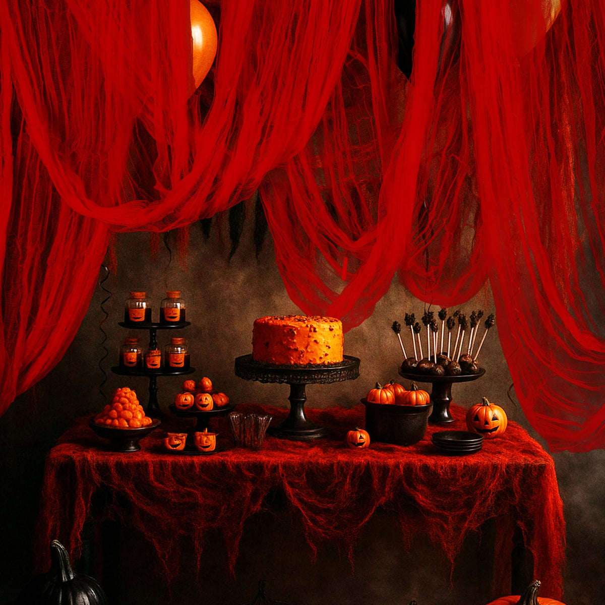RunNico blood red gauze drapes create a dramatic porch backdrop for Halloween