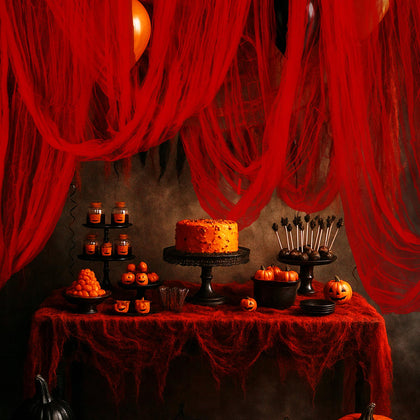 RunNico blood red gauze drapes create a dramatic porch backdrop for Halloween