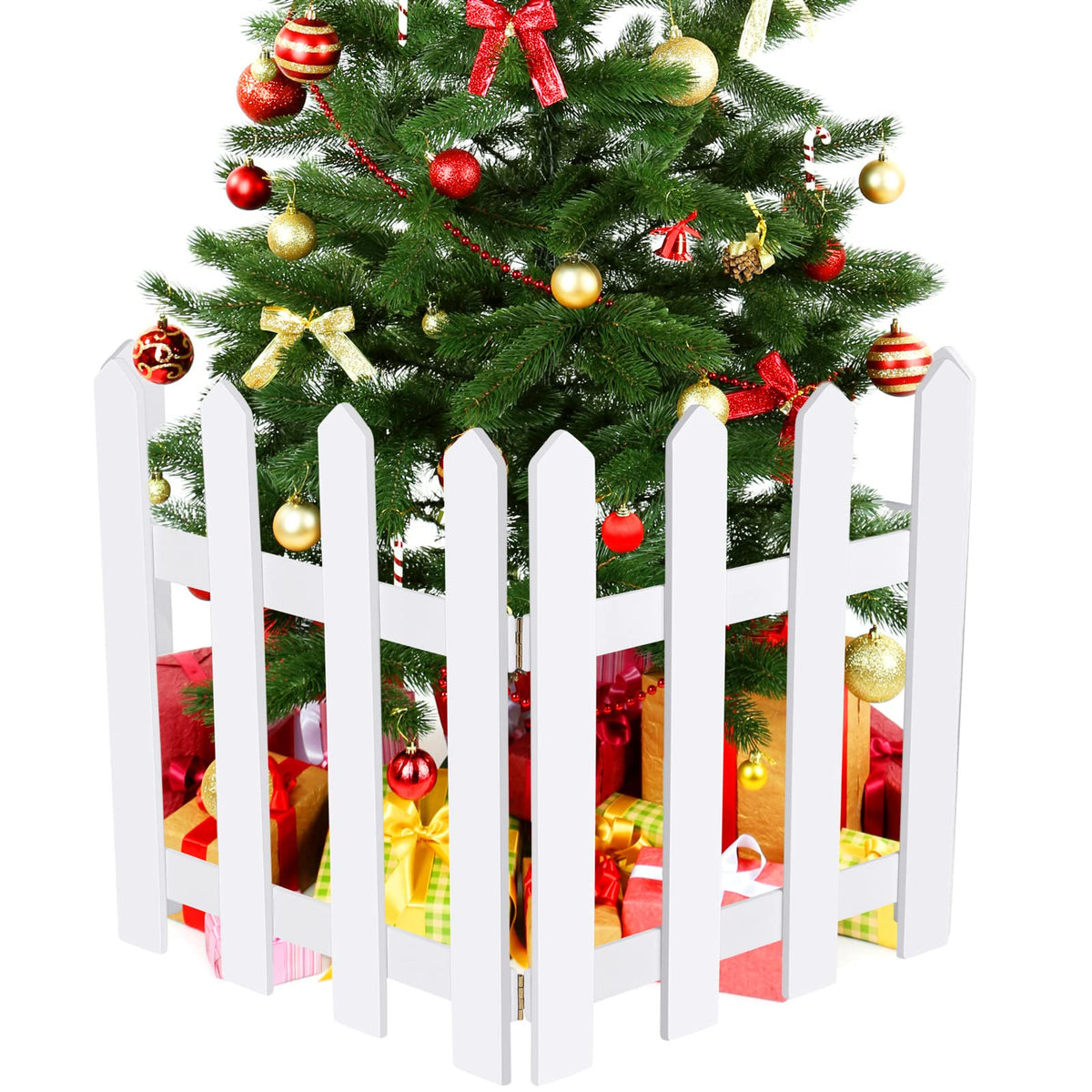 RUODON four-pack white fences for Christmas trees showcase a sturdy, customizable display.