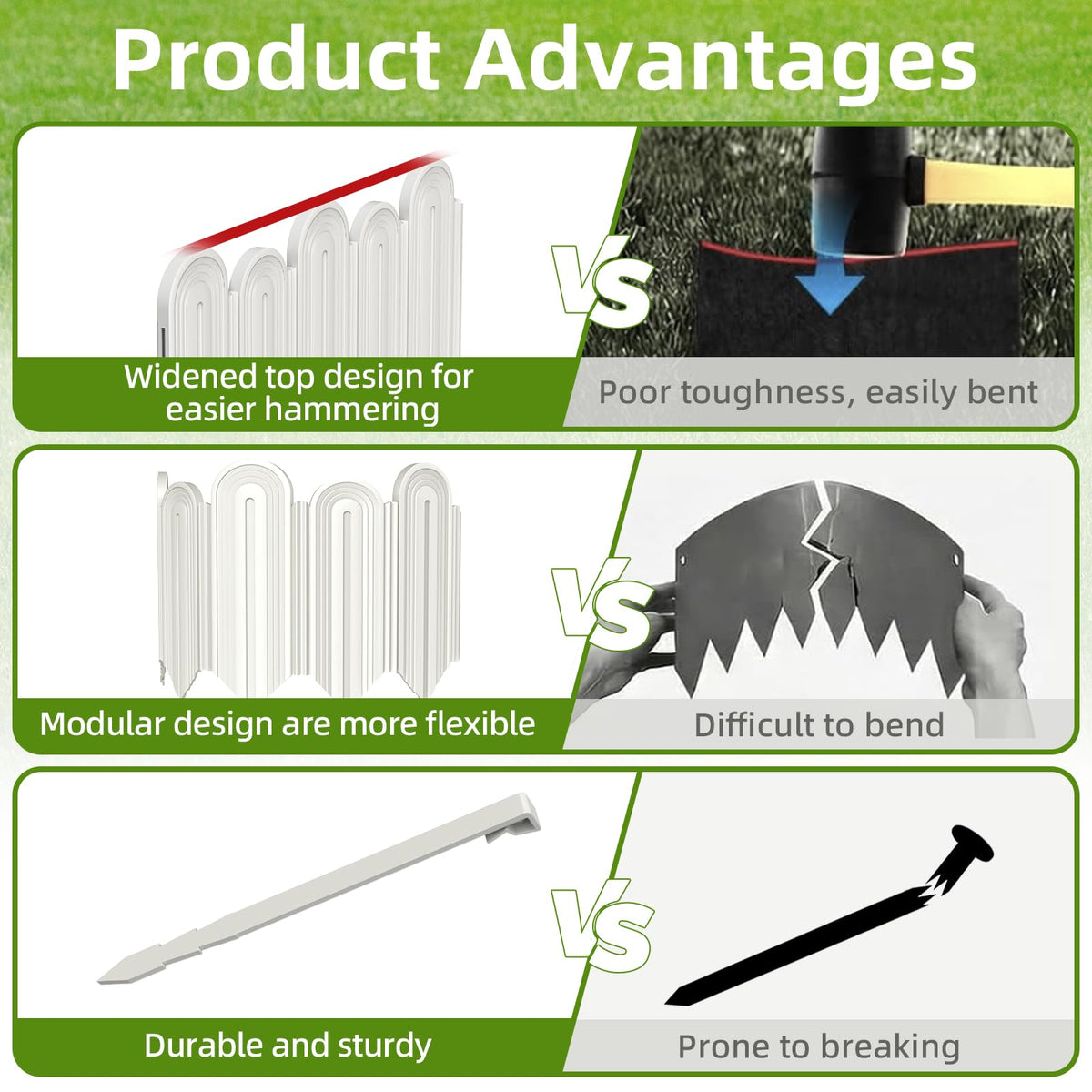 Ruppence edging stake and groove design supporting stable, reusable garden borders.