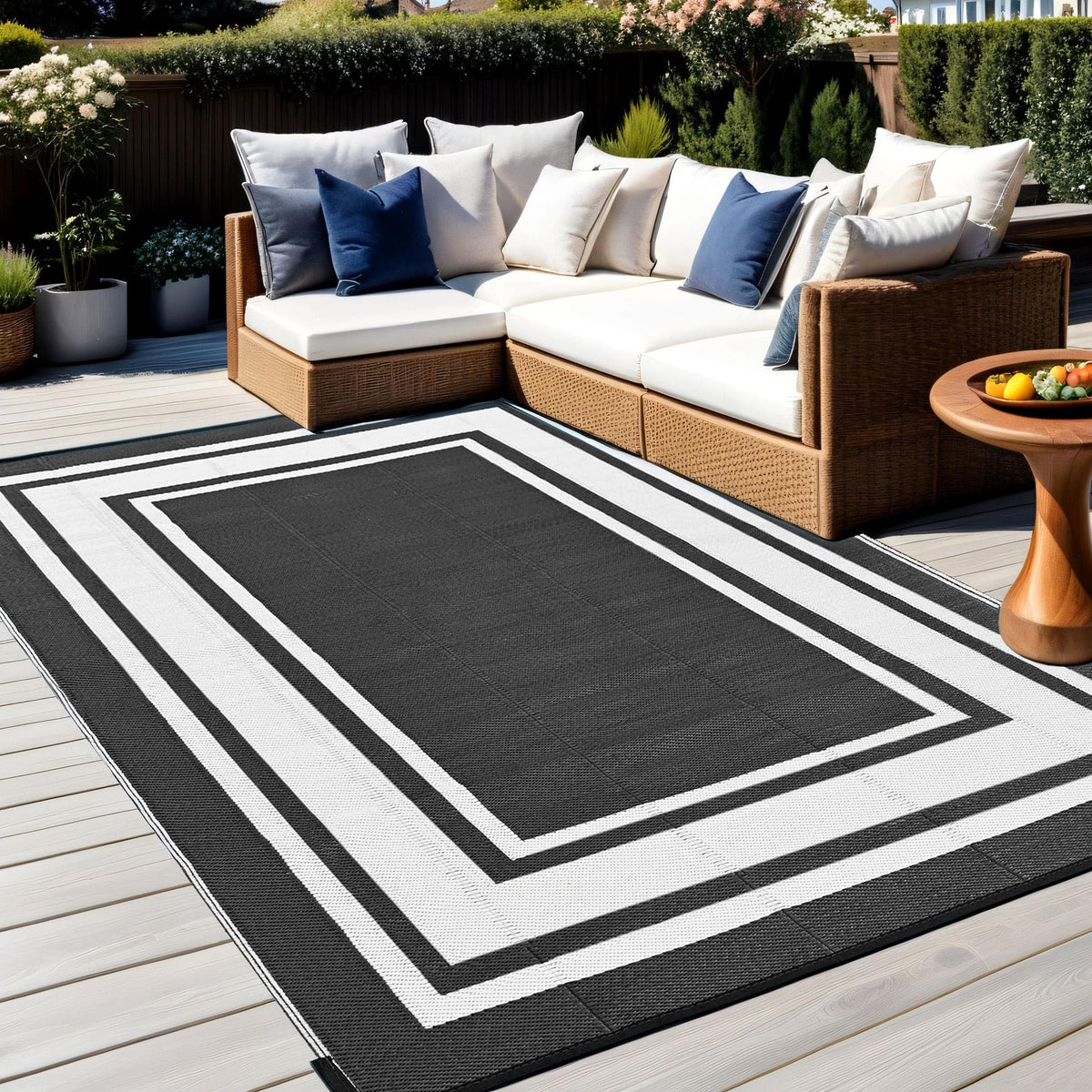 RURALITY outdoor rug reversible design offers two looks for decks and porches