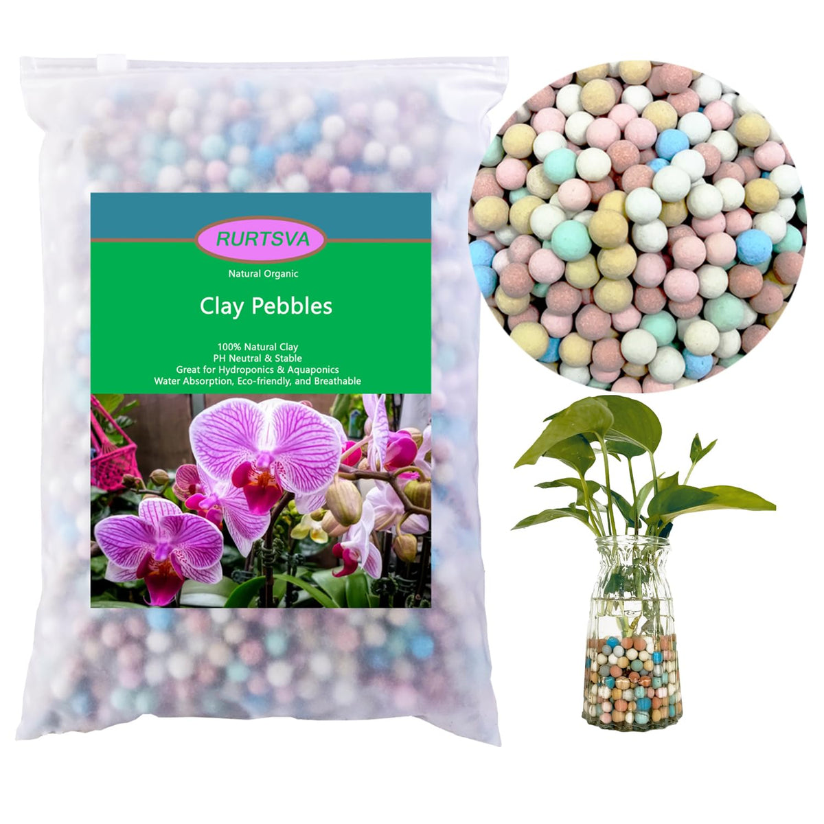 Rurtsva colorful Leca balls in potting mix boost drainage.