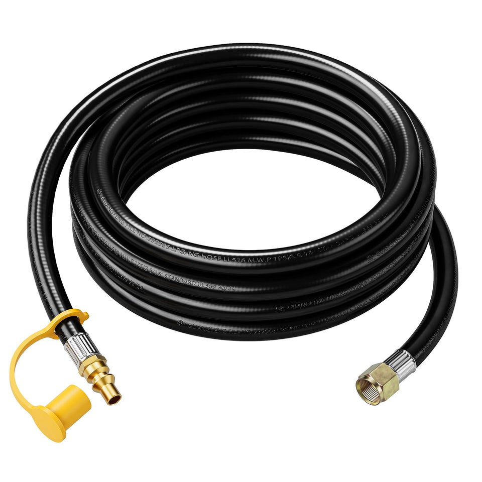 Rushare 18ft propane quick-connect hose ready for RV-to-grill setup.