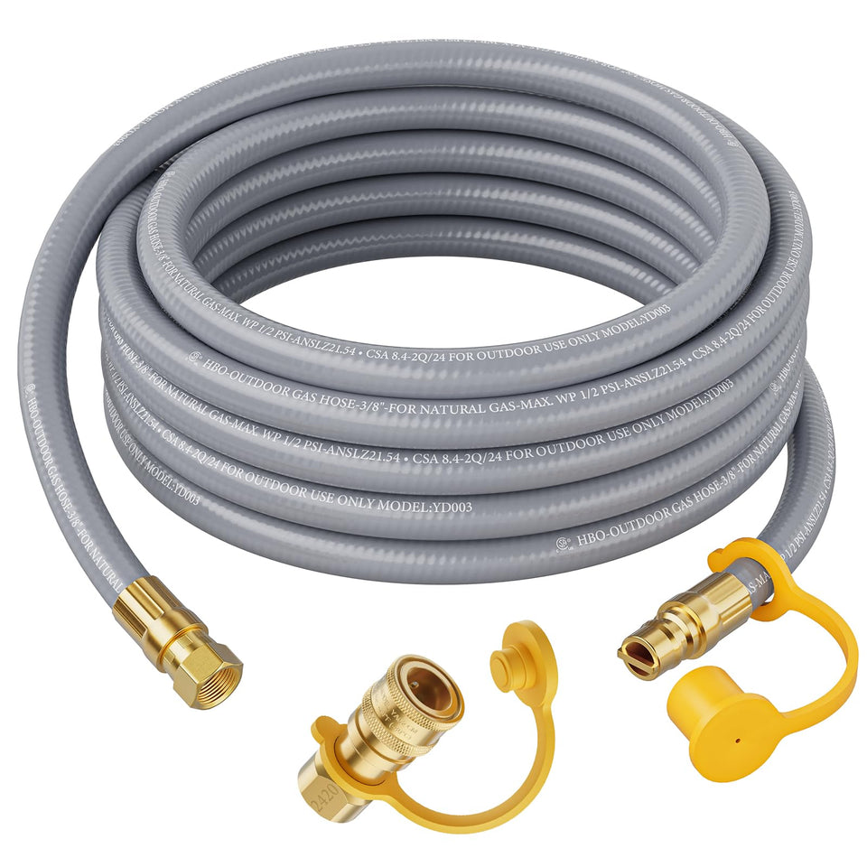Rushare 24ft natural gas hose with quick connect set up for versatile outdoor grilling uses
