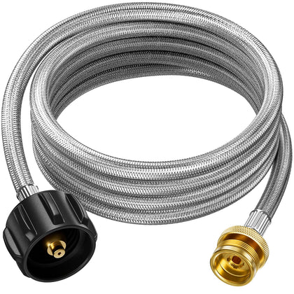 Rushare braided propane hose 12ft in use, enabling flexible grilling setups.