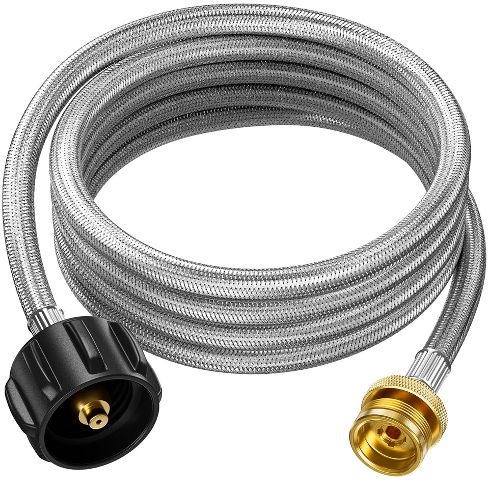 Rushare braided propane hose 12ft in use, enabling flexible grilling setups.