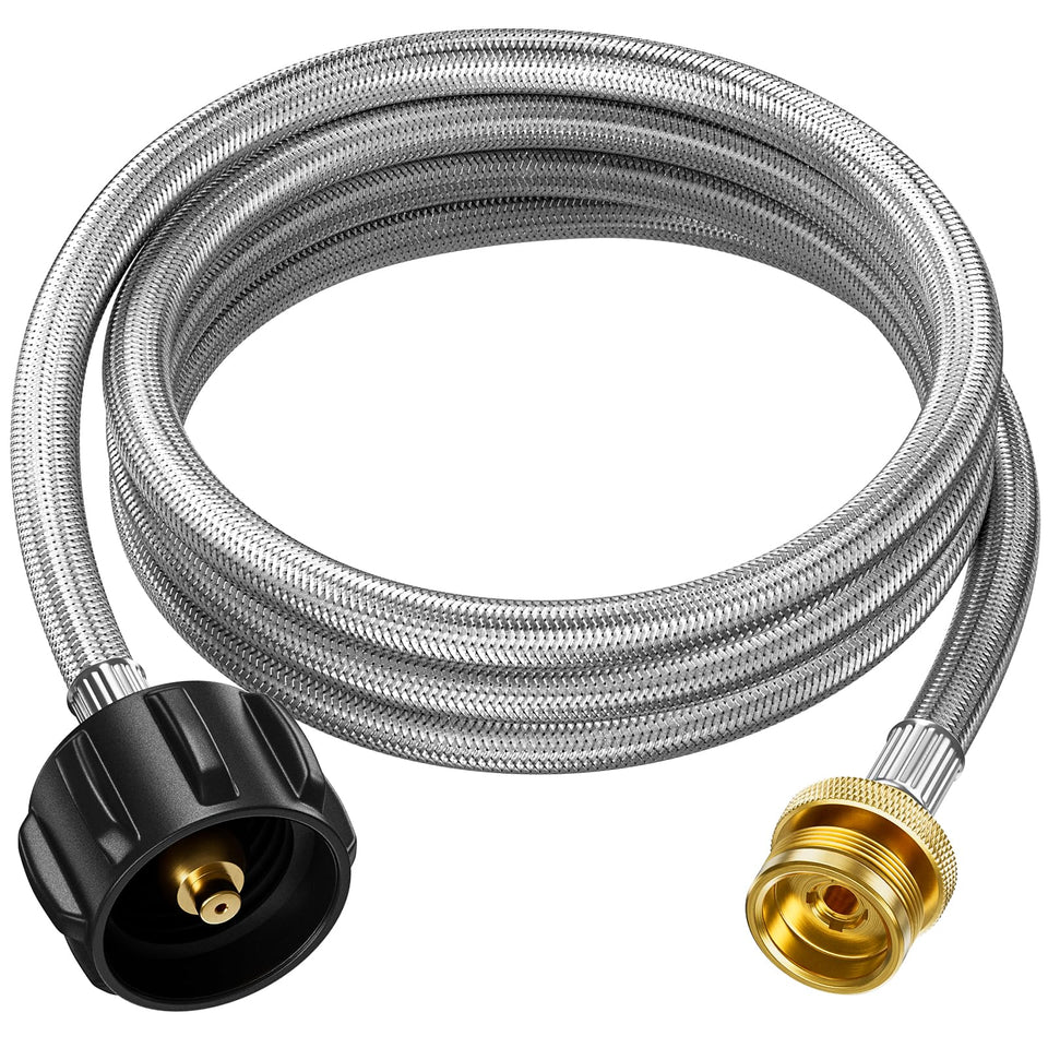 Rushare 8ft braided propane hose enabling flexible 1-to-20 tank connections for outdoor cooking.