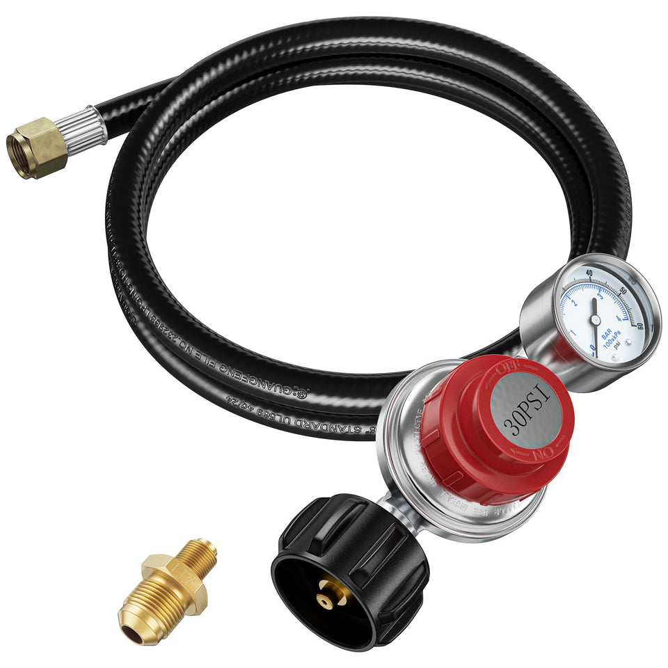 Rushare regulator gauge shows precise 0-30 PSI control for flame