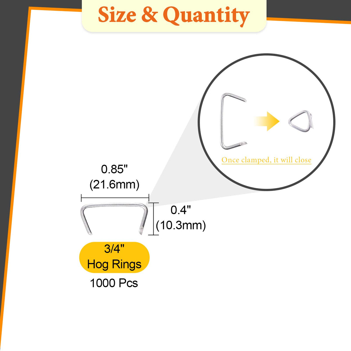 Rustark galvanized steel hog rings withstand outdoor use for fencing and rails.