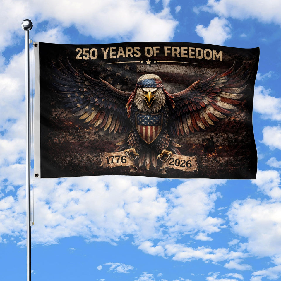 RustField Co. 250th USA flag two-sided design for outdoor display.