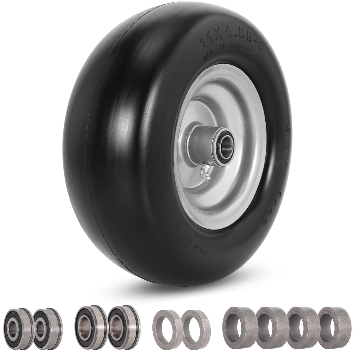 RUTU 11x4.00-5 flat-free tire side view showing puncture-free mowing benefits