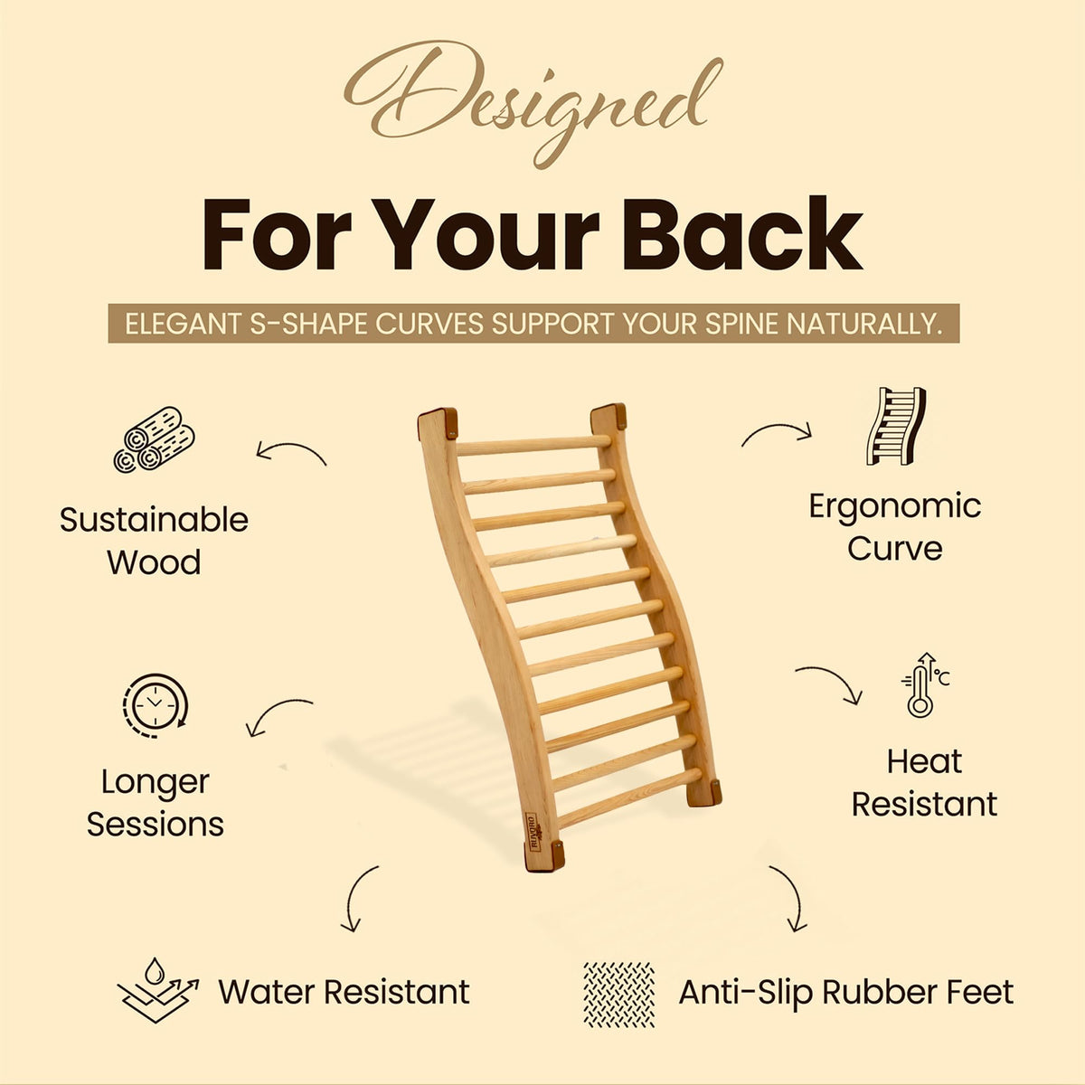 RUVARO sauna backrest ergonomic S-shape supports the back
