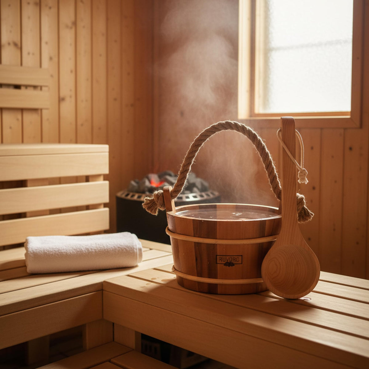 RUVARO sauna bucket shown in a cozy steam-filled sauna setting.