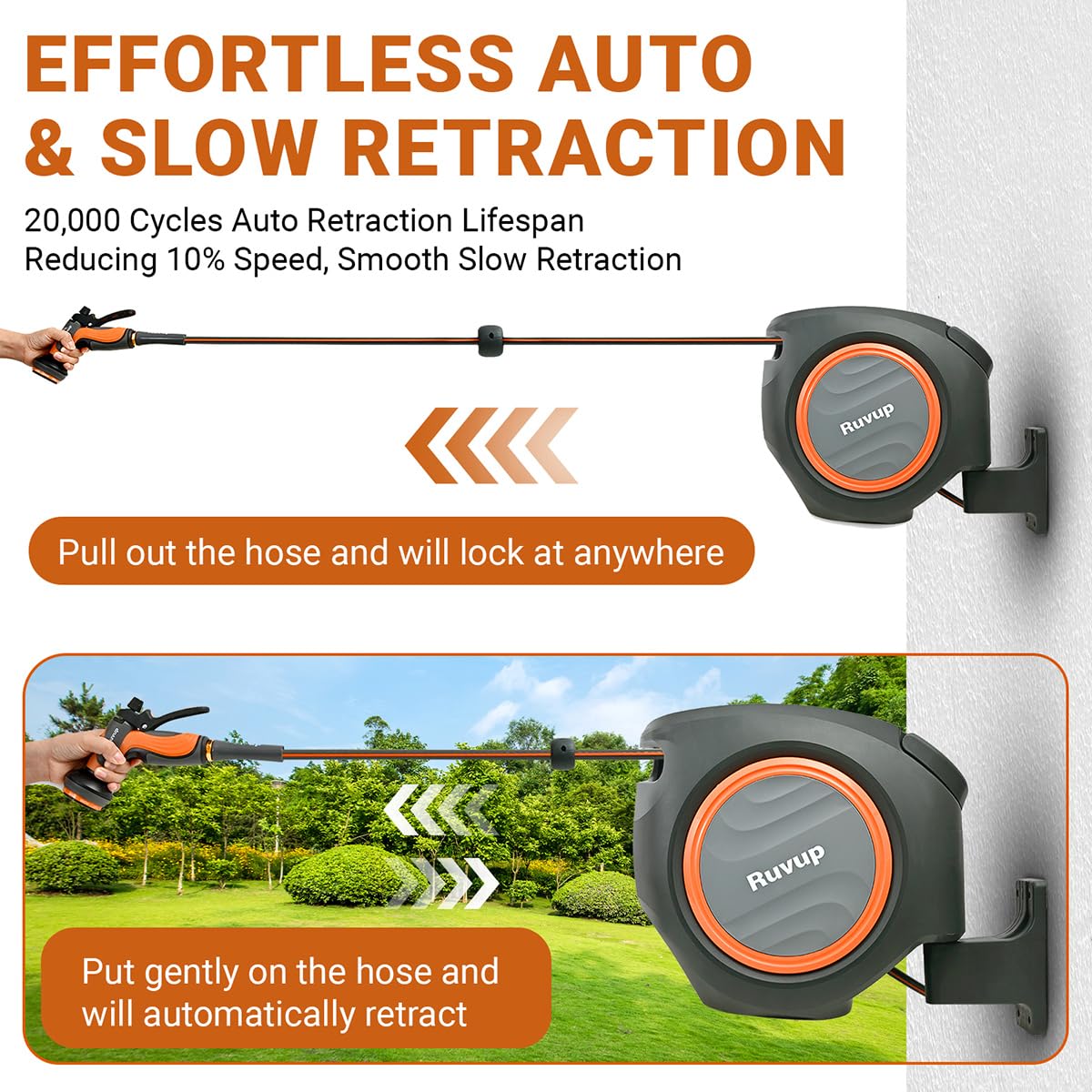 Ruvup slow retraction system emphasizing safe, controlled hose return