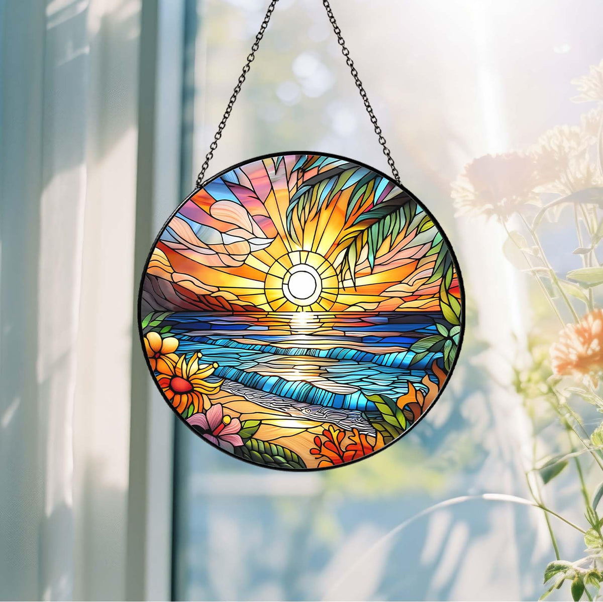 RVEAFA stained glass window hanging showcases hand-painted craft and colorful shadows.