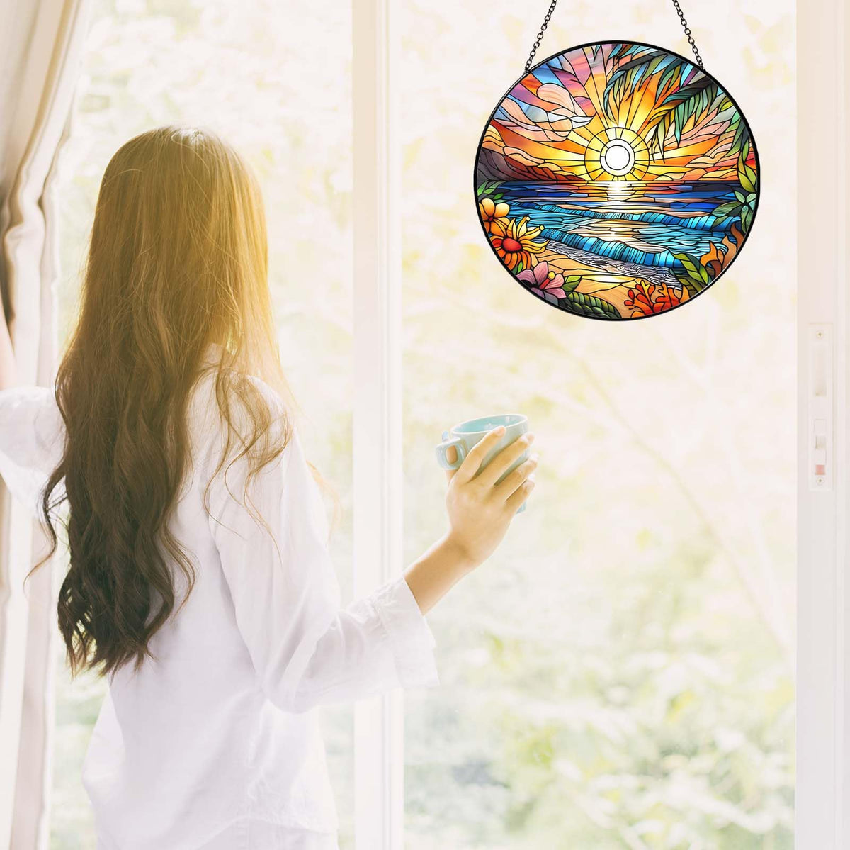 RVEAFA sun catcher artwork adds vibrant light to living room during afternoon sun.