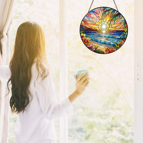 RVEAFA sun catcher artwork adds vibrant light to living room during afternoon sun.