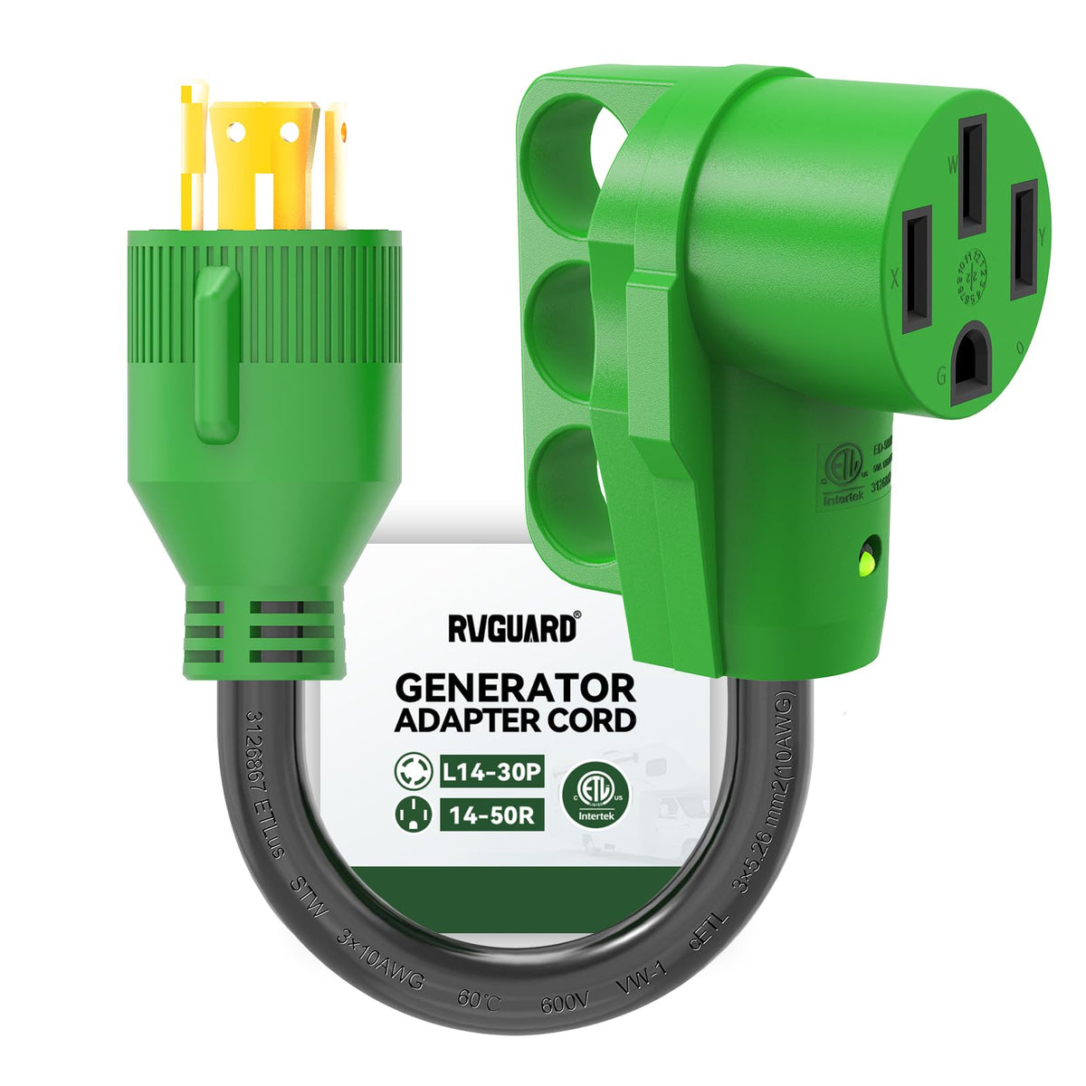 RVGUARD L14-30P to 14-50R adapter with 12-inch cord for safe RV power from generator