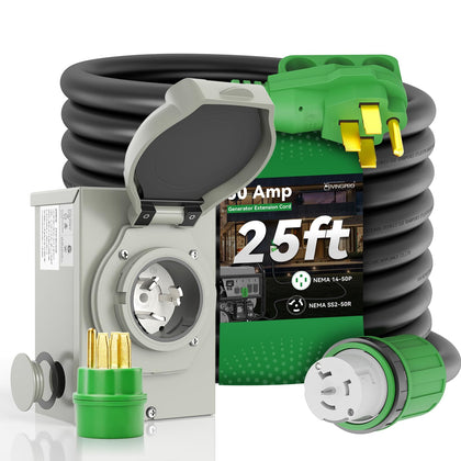 RVINGPRO 50A cord 25ft showing durable outdoor power delivery