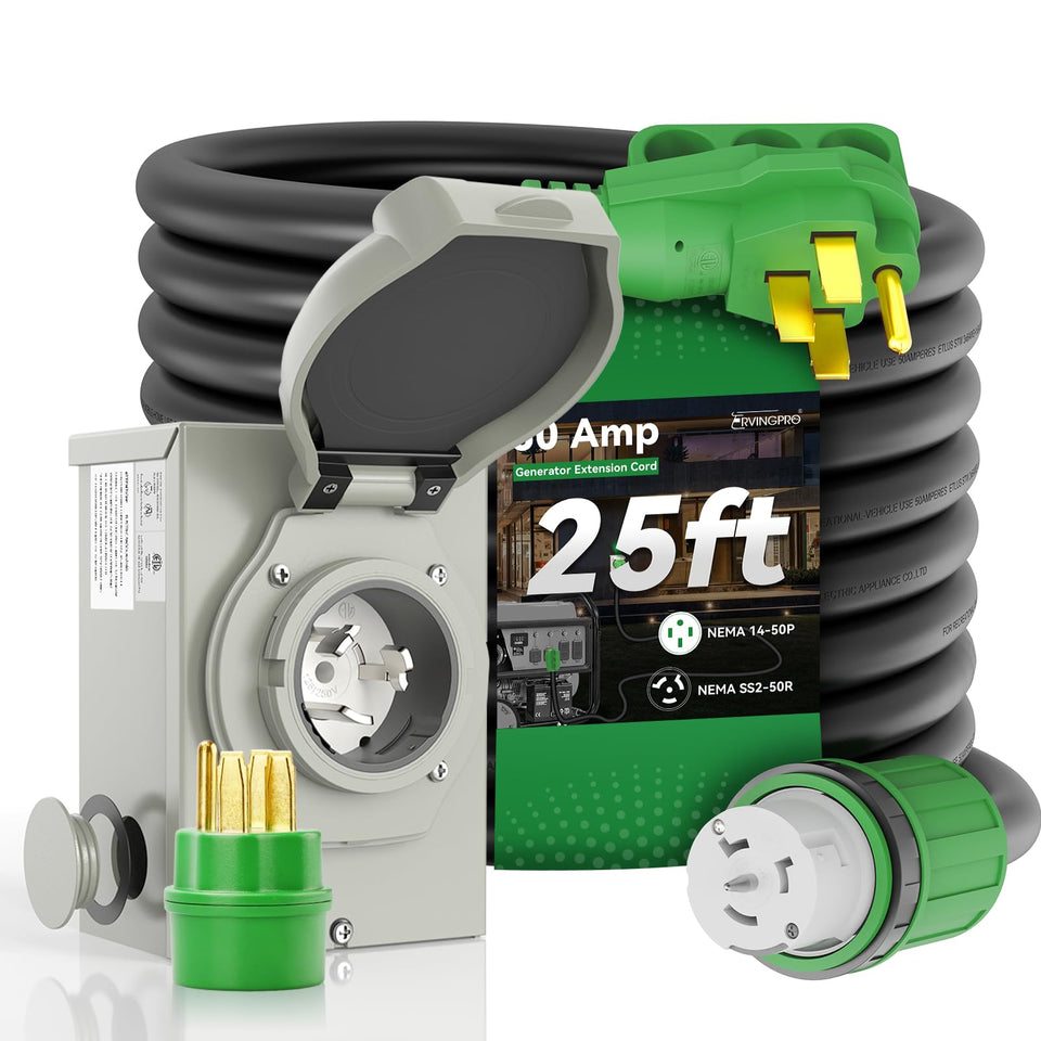 RVINGPRO 50A cord 25ft showing durable outdoor power delivery