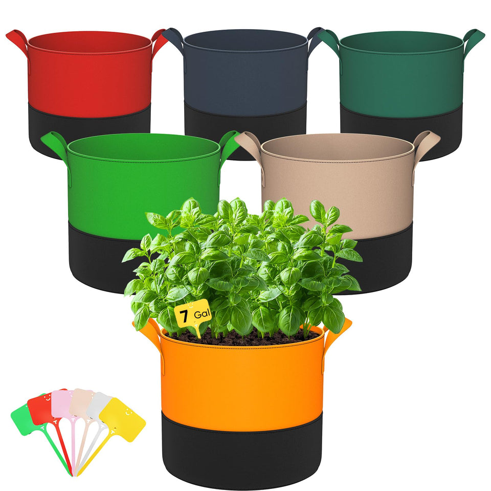 RVZHI 7-gallon grow bag with patchwork design for vibrant garden aesthetics and easy drainage.