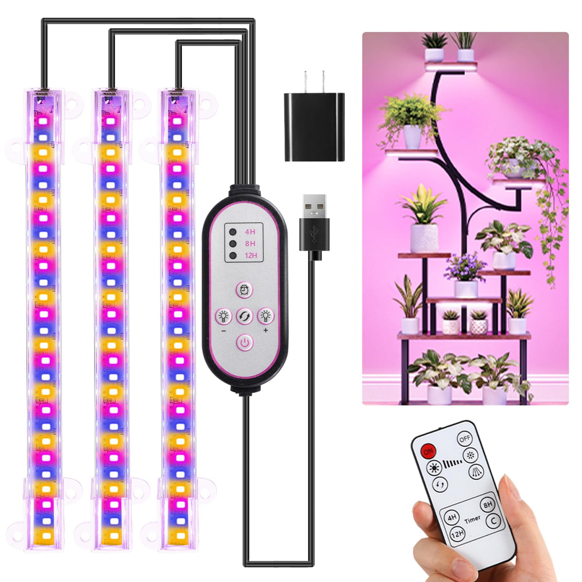 RWNTAO 7.8'' three-head grow light front view boosts indoor plant light exposure