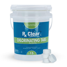 Rx Clear 1-Inch chlorine tabs in a bottle showing steady sanitizer for small pools.