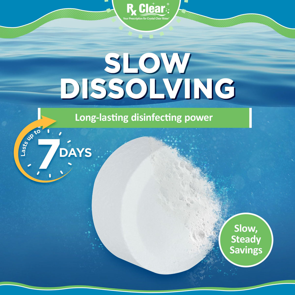 Rx Clear tablet dissolving in spa water illustrating slow-release sanitization.