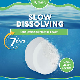 Rx Clear tablet dissolving in spa water illustrating slow-release sanitization.