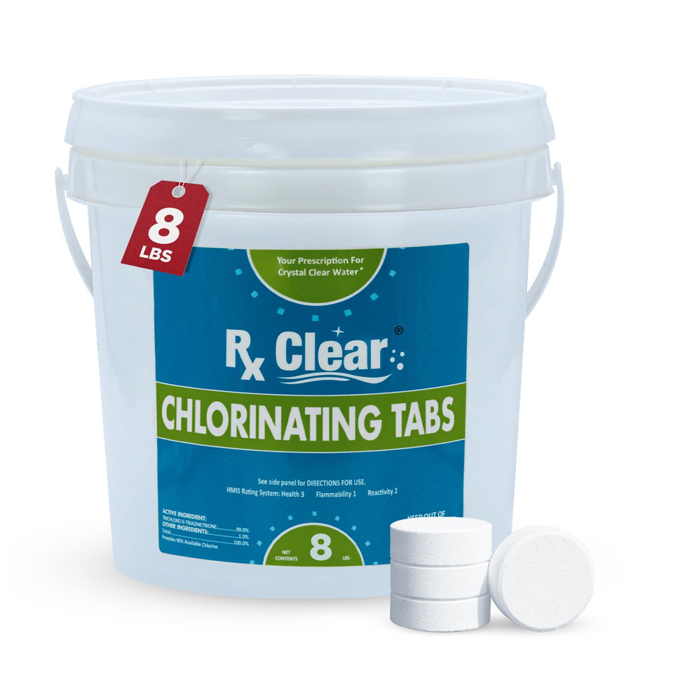 Rx Clear chlorine tabs in an 8 lb bag for steady pool sanitation and convenience.