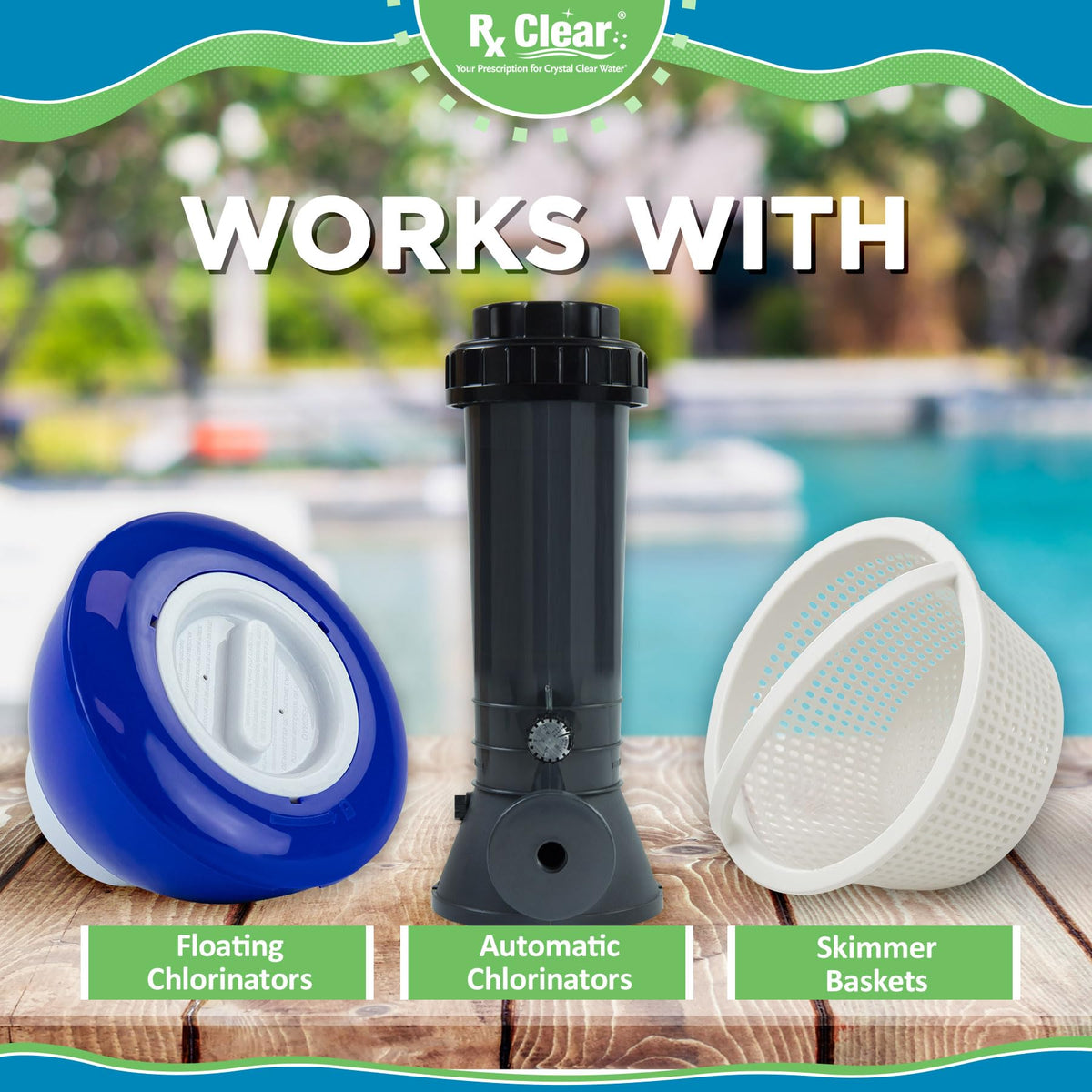 Rx Clear tabs compatible with vinyl, tile, fiberglass, and gunite pool surfaces.