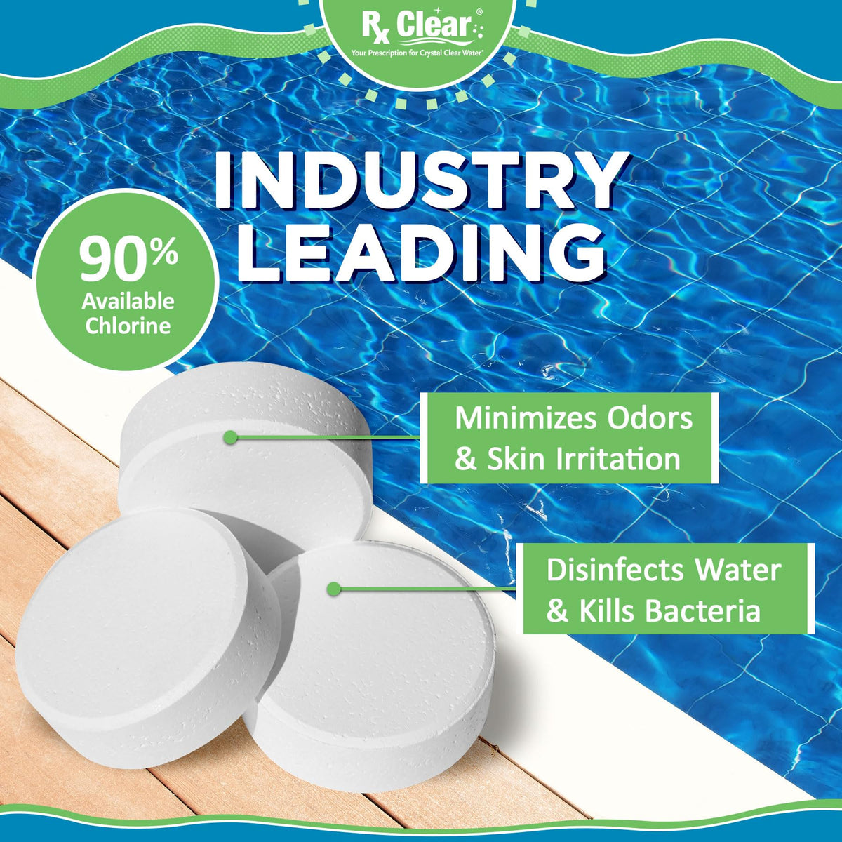 Rx Clear UV-stabilized tabs prevent chlorine loss and protect pool surfaces.