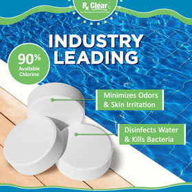 Rx Clear UV-stabilized tabs prevent chlorine loss and protect pool surfaces.
